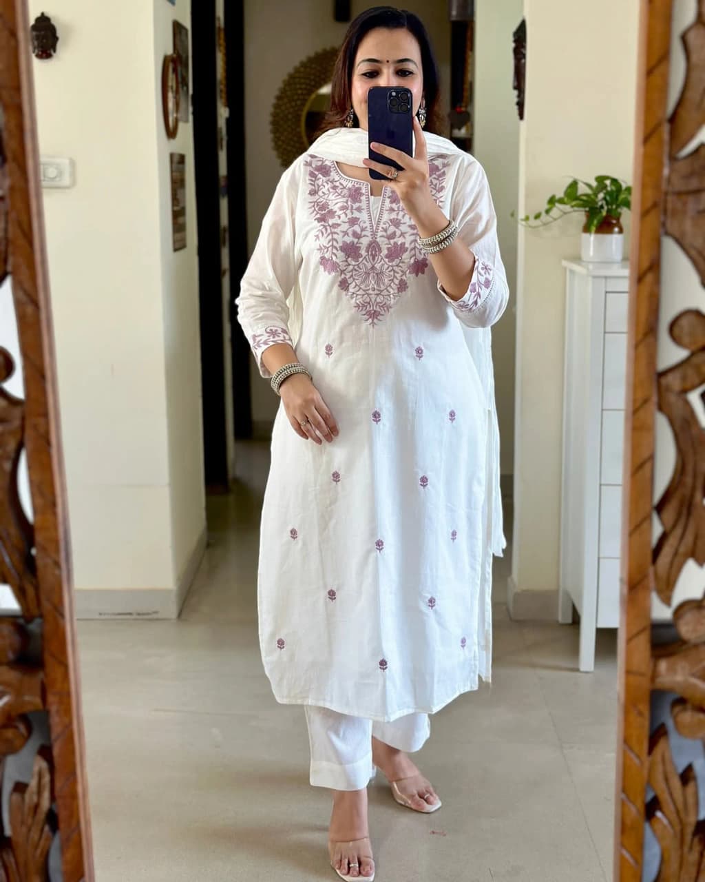 White Embroidered Cotton Kurta and Pant Set with Dupatta
