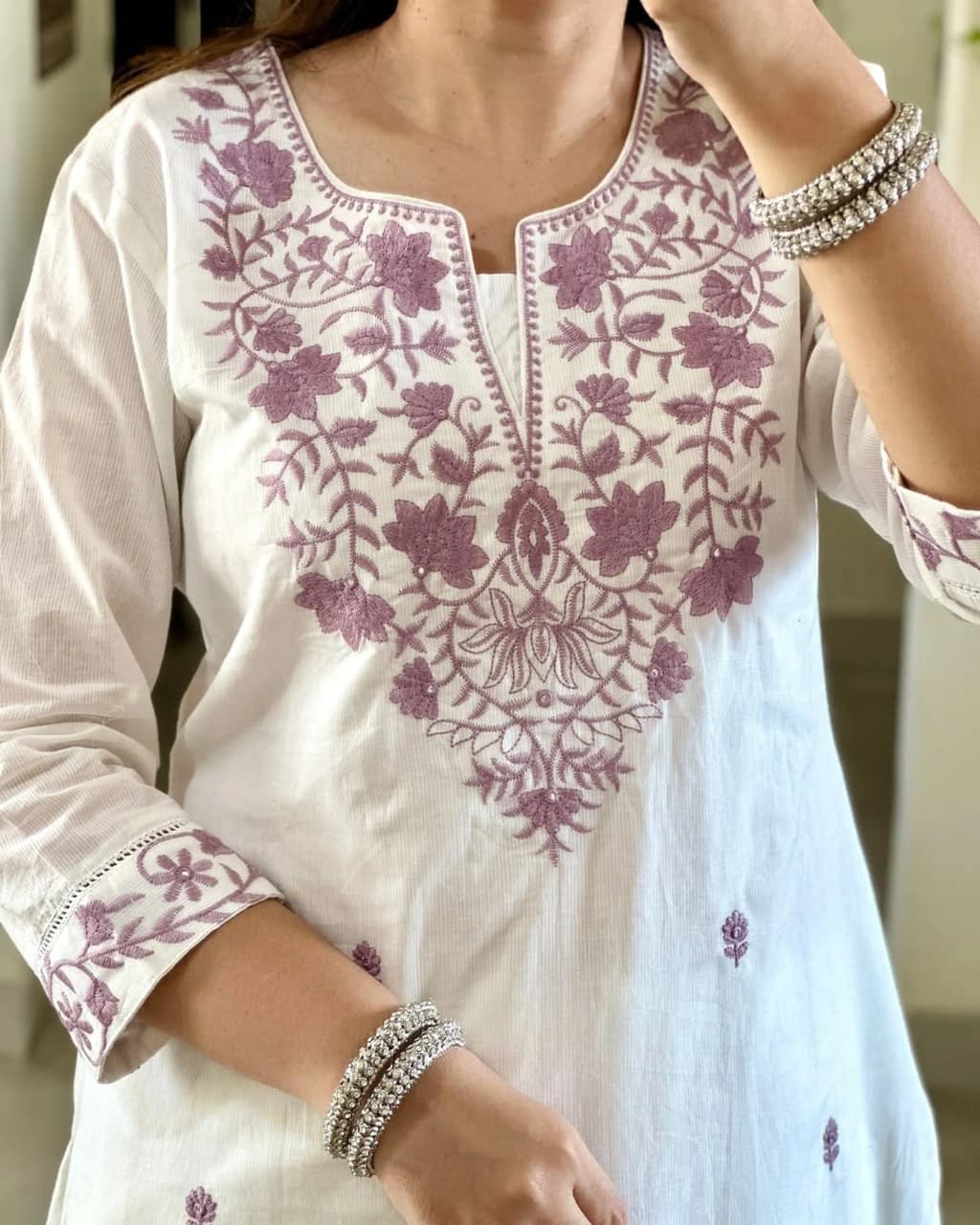 White Embroidered Cotton Kurta and Pant Set with Dupatta