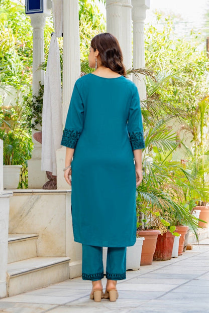 Teal Blue Embroidered Cotton Flex Kurta and Pant Set with Dupatta