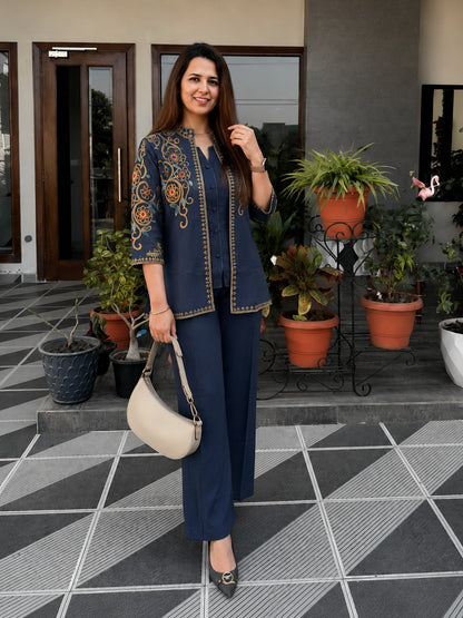 Navy Embroidered Cotton Flex Top and Pant Set with Jacket