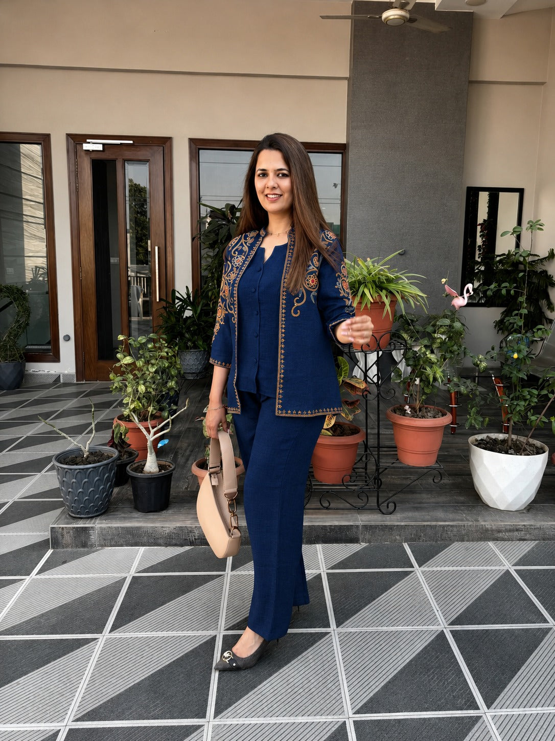 Navy Embroidered Cotton Flex Top and Pant Set with Jacket