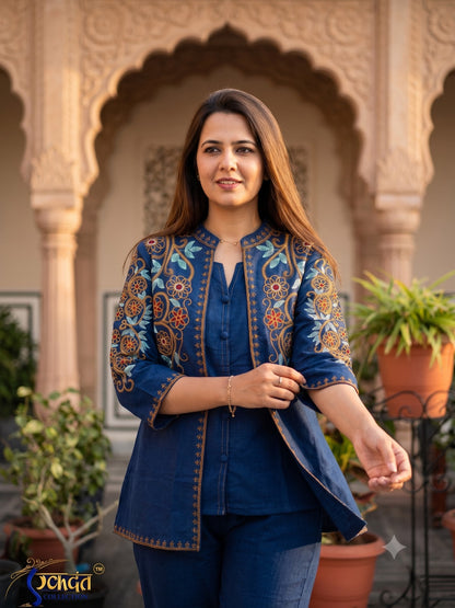 Navy Embroidered Cotton Flex Top and Pant Set with Jacket