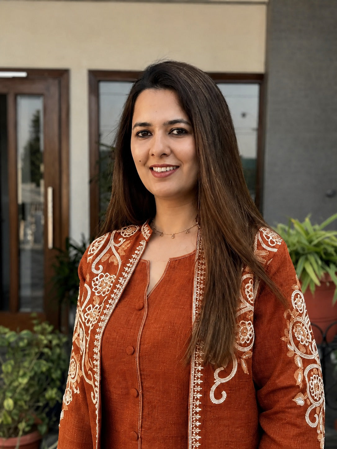 Rust Orange Embroidered Cotton Flex Top and Pant Set with Jacket