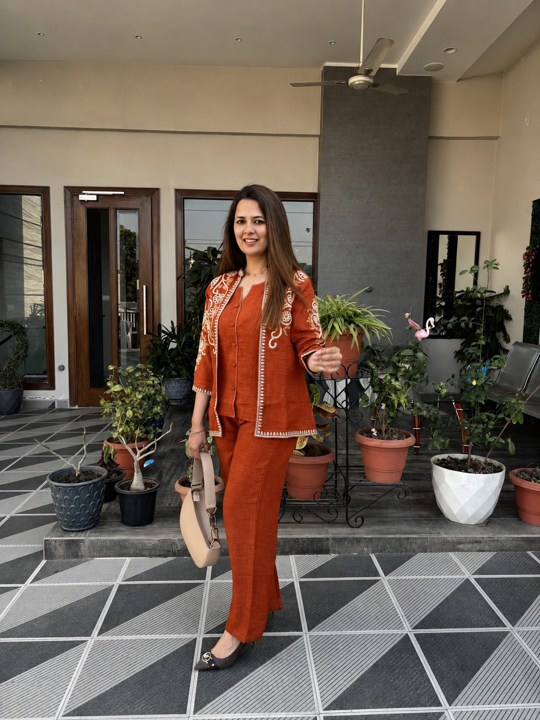 Rust Orange Embroidered Cotton Flex Top and Pant Set with Jacket
