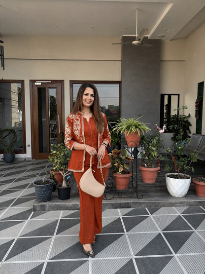 Rust Orange Embroidered Cotton Flex Top and Pant Set with Jacket