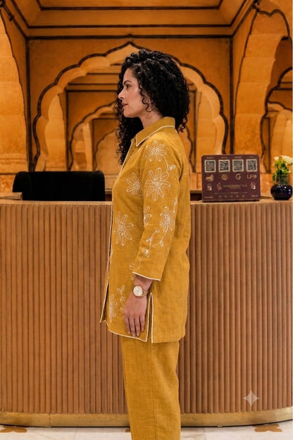 Yellow Embroidered Cotton Slub Co-Ord Set