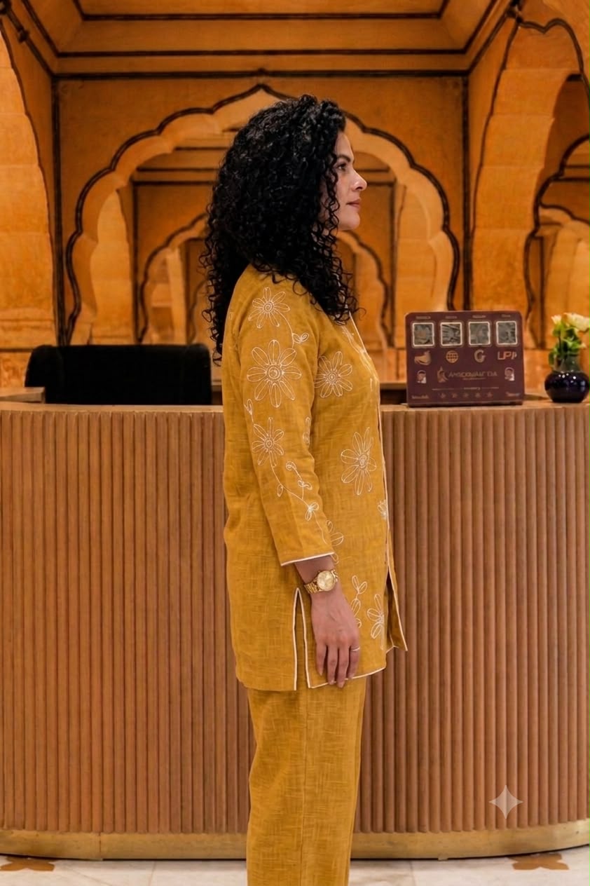 Yellow Embroidered Cotton Slub Co-Ord Set