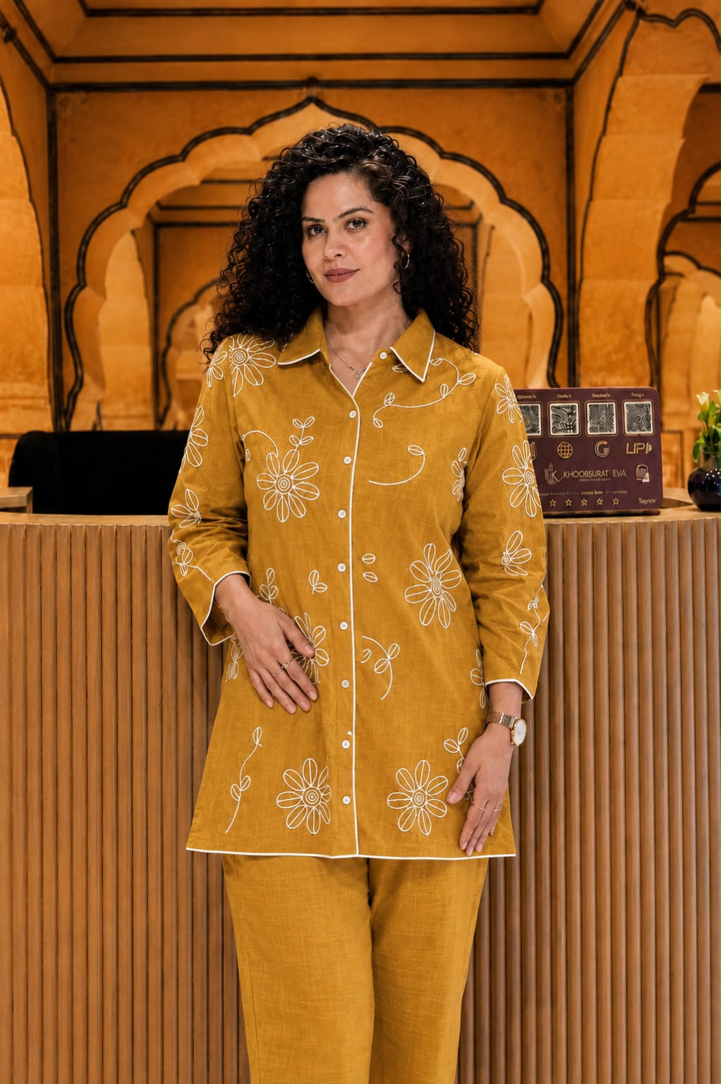 Yellow Embroidered Cotton Slub Co-Ord Set