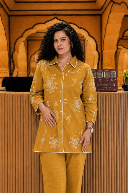 Yellow Embroidered Cotton Slub Co-Ord Set