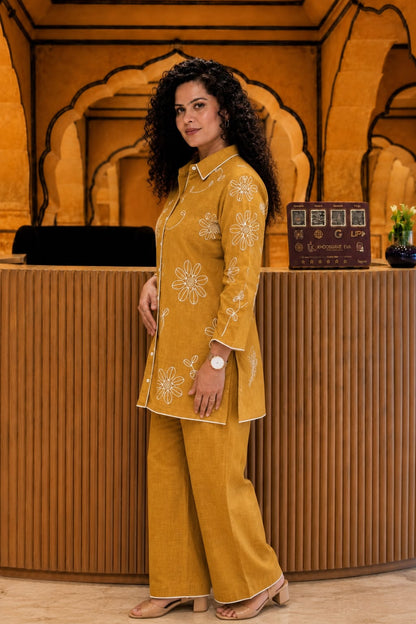 Yellow Embroidered Cotton Slub Co-Ord Set