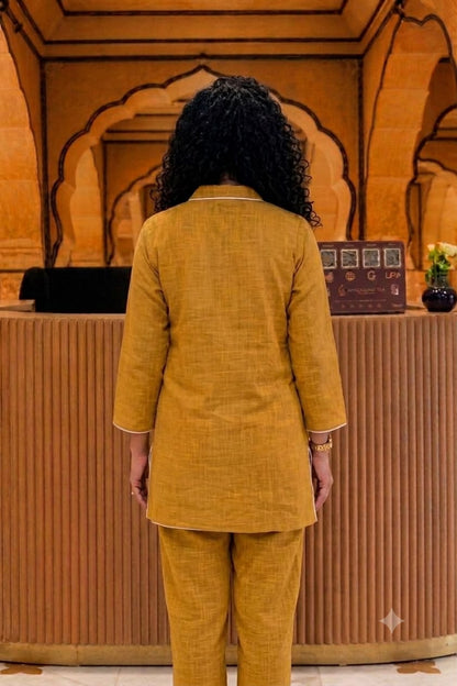 Yellow Embroidered Cotton Slub Co-Ord Set
