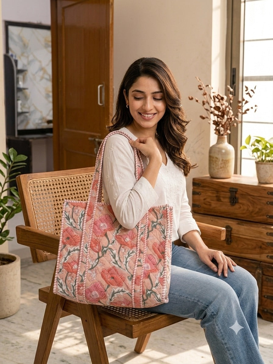 Block Printed Quilted Tote Bag