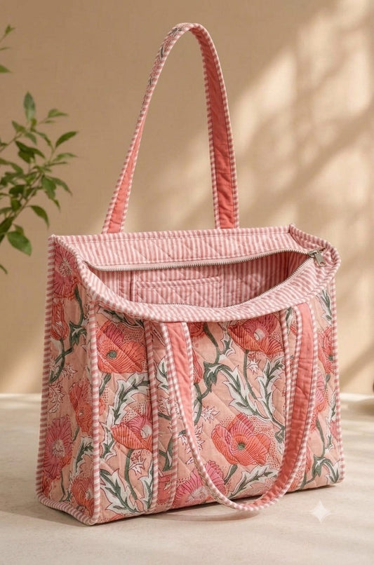 Block Printed Quilted Tote Bag