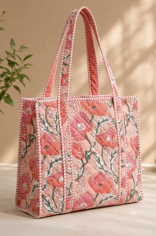 Block Printed Quilted Tote Bag