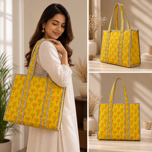 Block Printed Quilted Tote Bag
