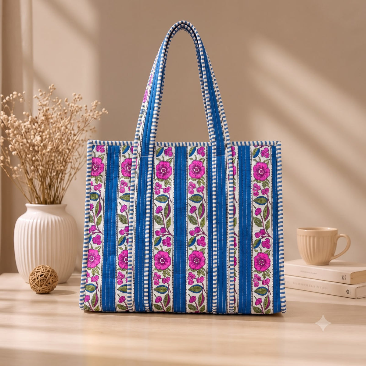 Block Printed Quilted Tote Bag