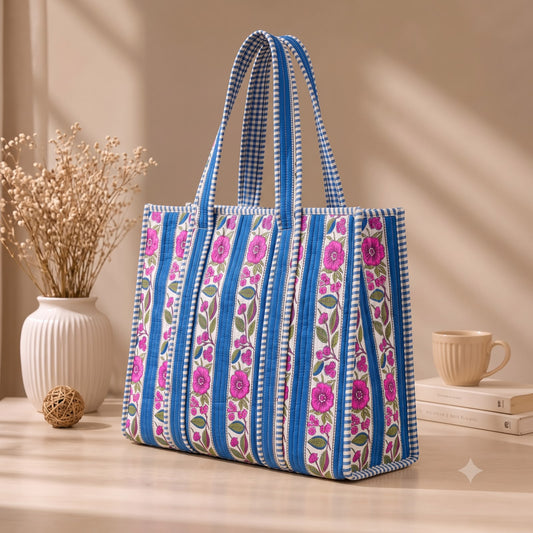 Block Printed Quilted Tote Bag