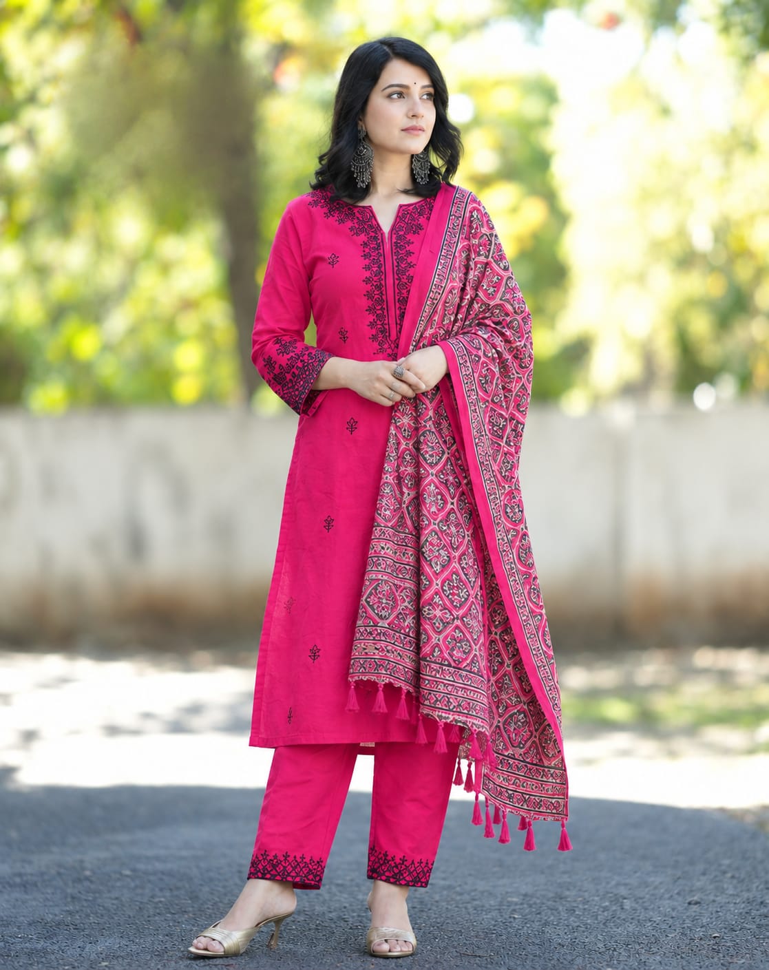Pink Embroidered Cotton Kurta and Pant Set with Dupatta