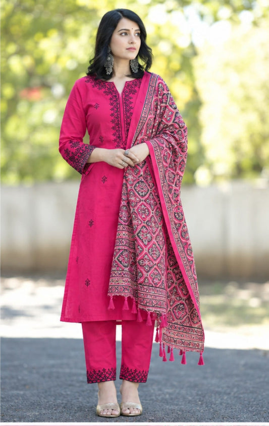 Pink Embroidered Cotton Kurta and Pant Set with Dupatta