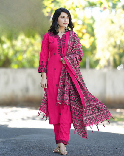 Pink Embroidered Cotton Kurta and Pant Set with Dupatta
