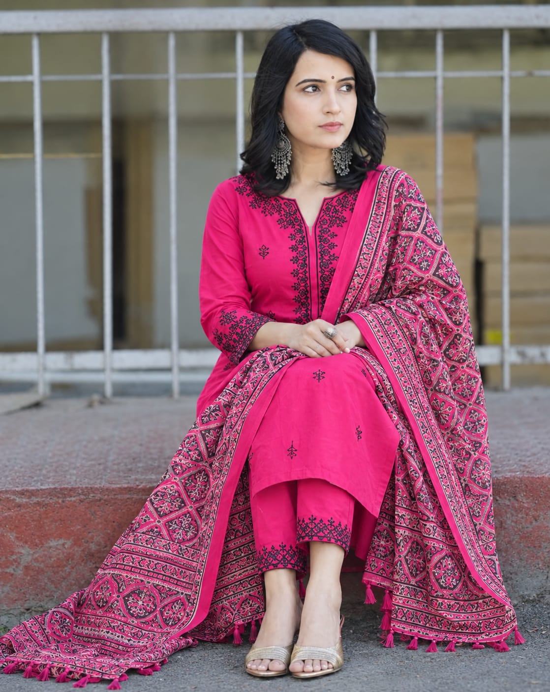 Pink Embroidered Cotton Kurta and Pant Set with Dupatta