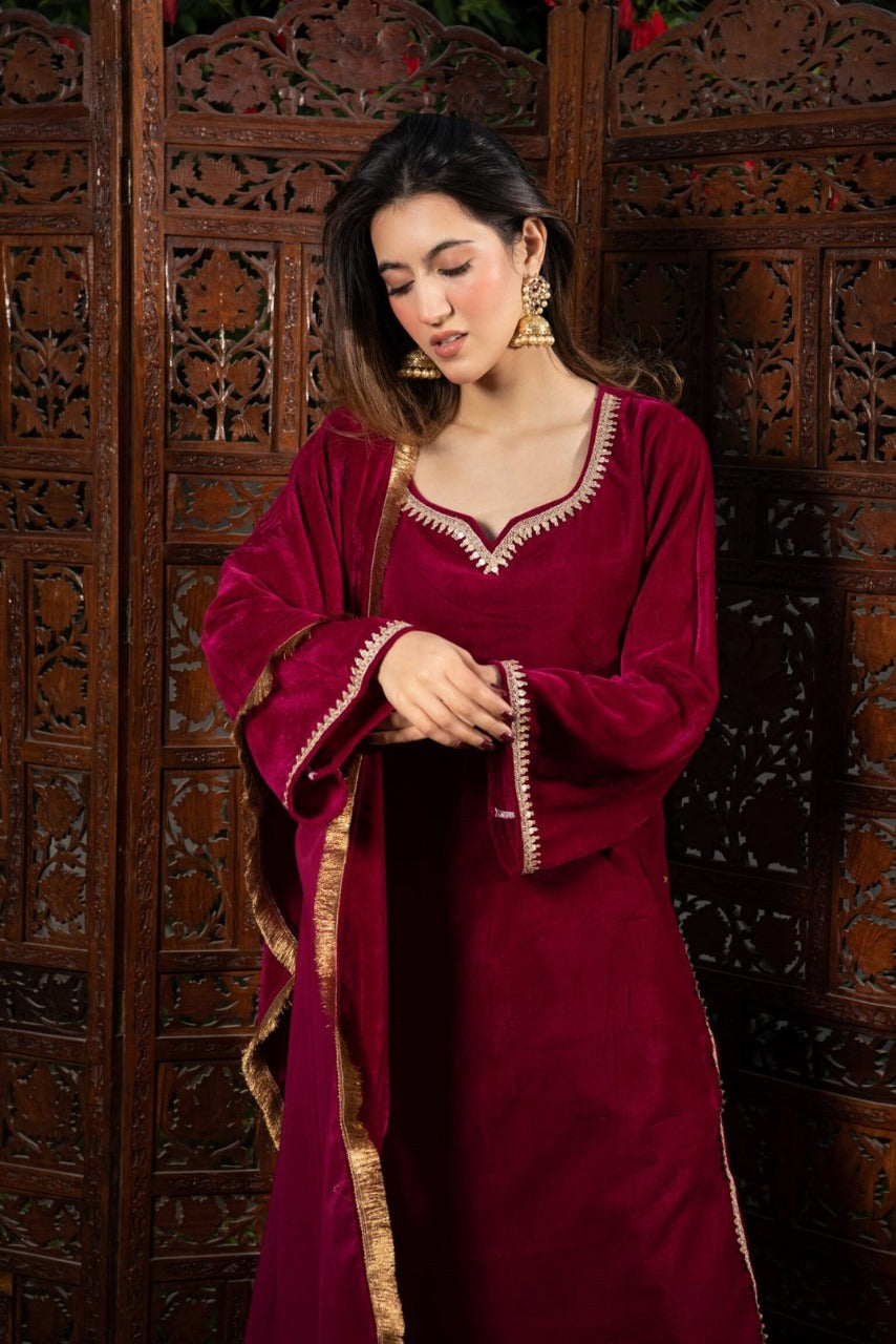 Maroon Embellished Velvet Suit Set with Dupatta