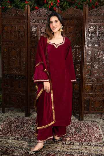 Maroon Embellished Velvet Suit Set with Dupatta