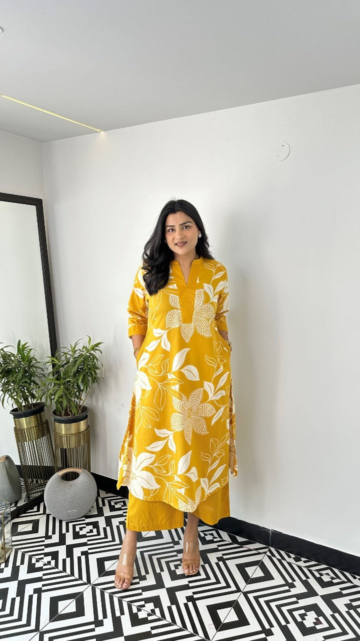 Yellow Floral Printed Cotton Kurta and Pant Set