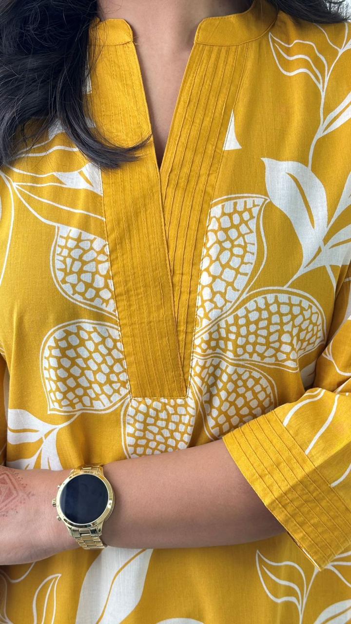 Yellow Floral Printed Cotton Kurta and Pant Set