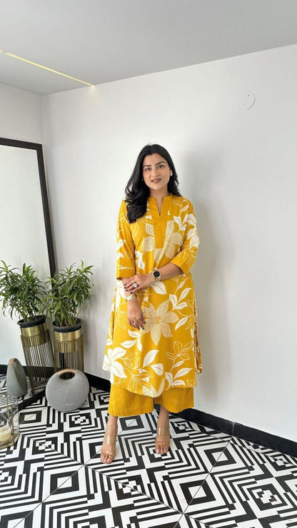 Yellow Floral Printed Cotton Kurta and Pant Set