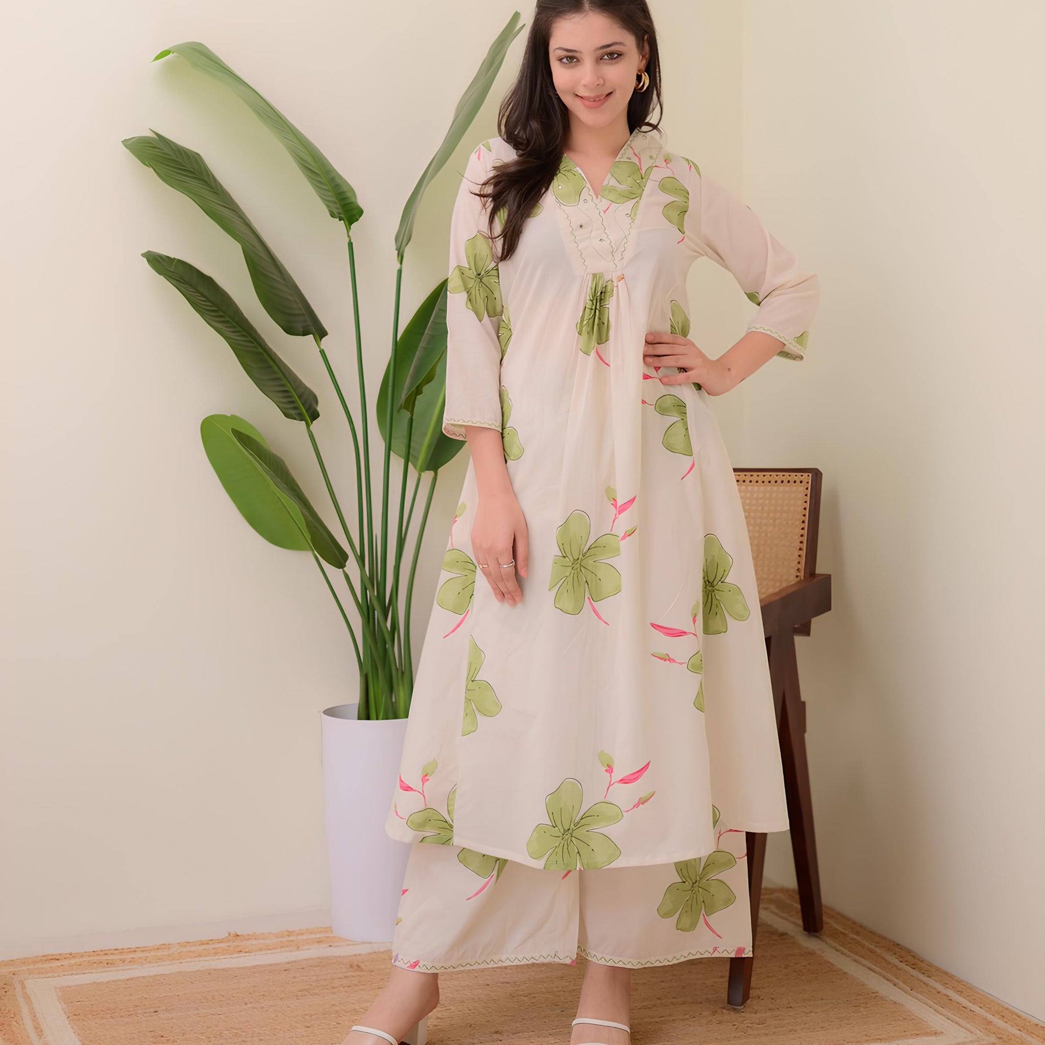 Off White Floral Printed Cotton Kurta and Palazzo Set