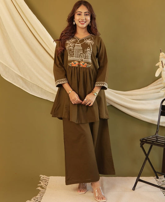 Irish Coffee Embroidered Cotton Co-Ord Set