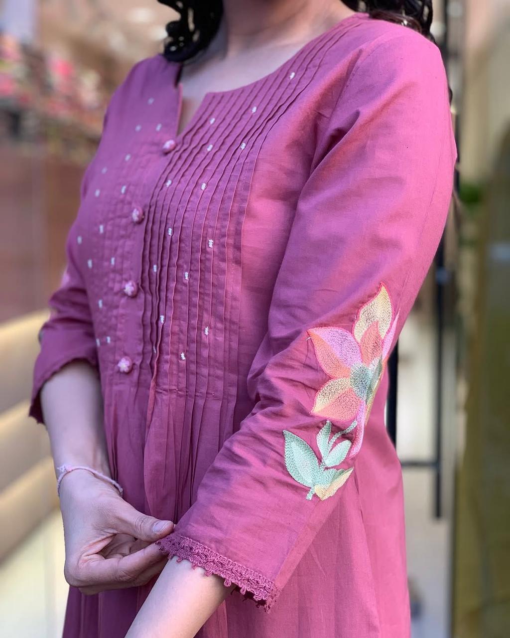 Thulian Pink Embroidered Cotton Kurta and Pant Set with Dupatta