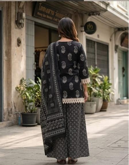 Black Printed Cotton Farsi Salwar Suit Set with Dupatta