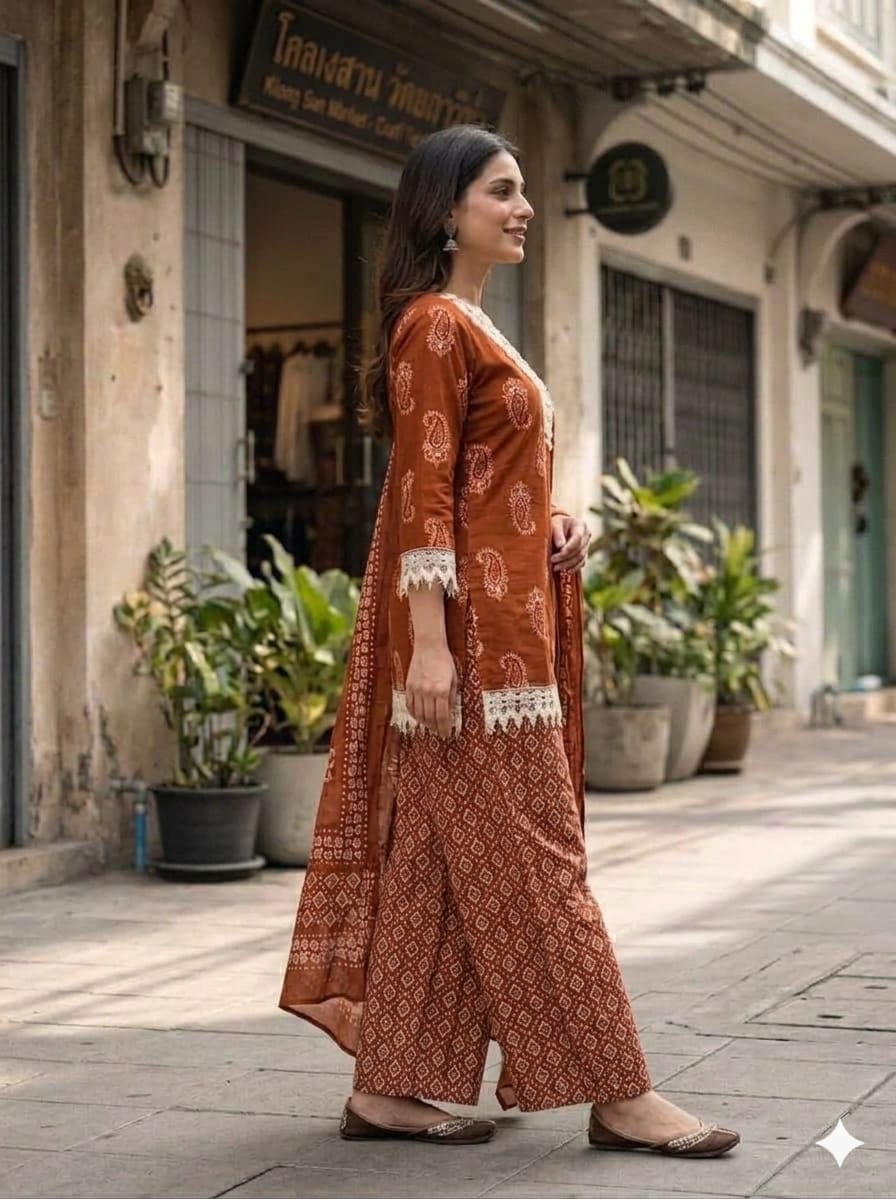 Rust Brown Printed Cotton Farsi Salwar Suit Set with Dupatta