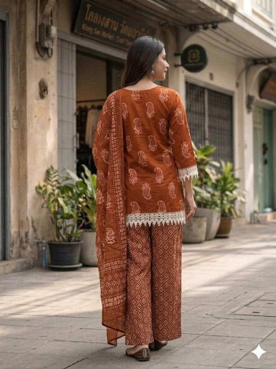Rust Brown Printed Cotton Farsi Salwar Suit Set with Dupatta