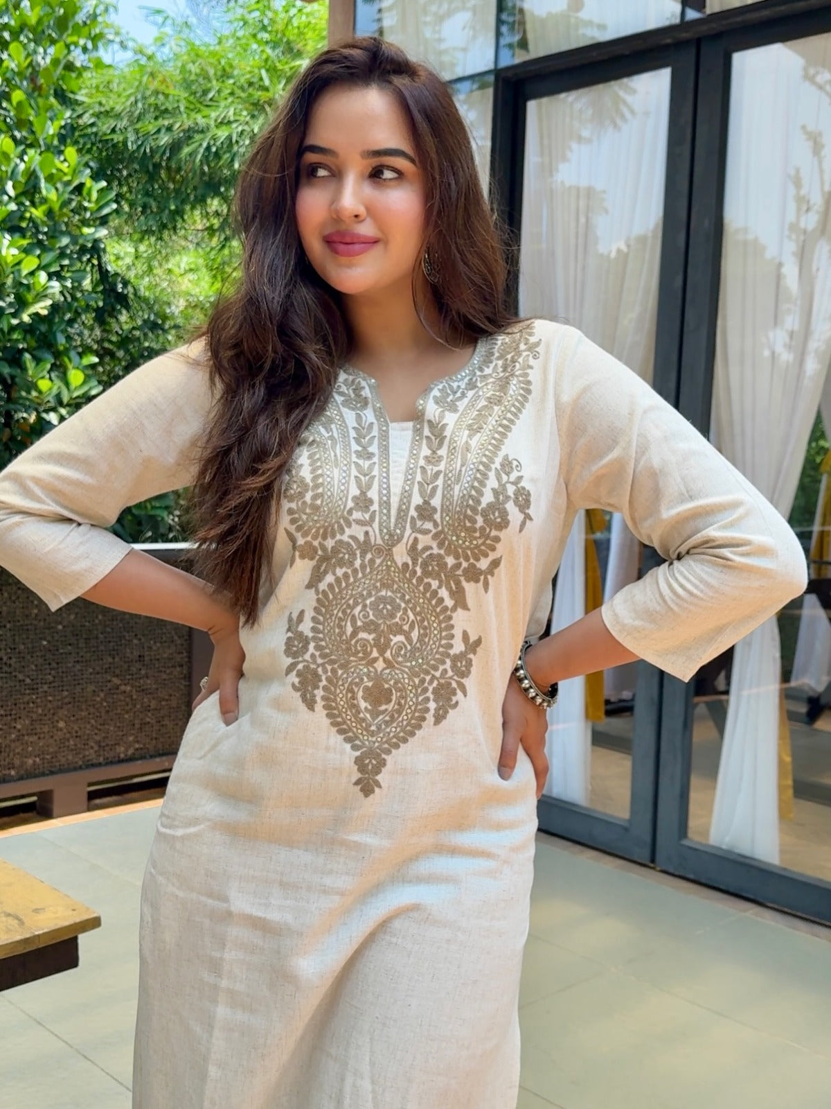 Off White Embroidered Cotton Flex Kurta and Pant Set
