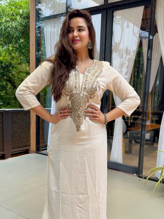 Off White Embroidered Cotton Flex Kurta and Pant Set