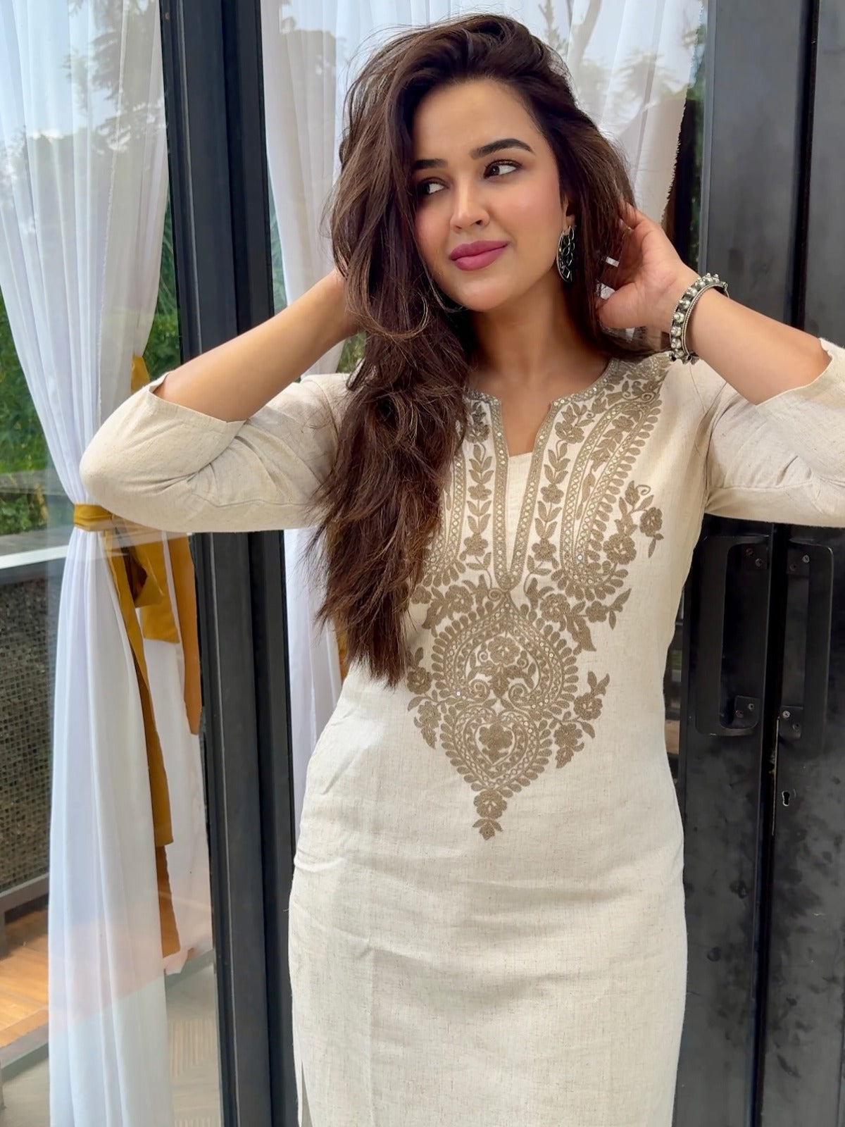 Off White Embroidered Cotton Flex Kurta and Pant Set
