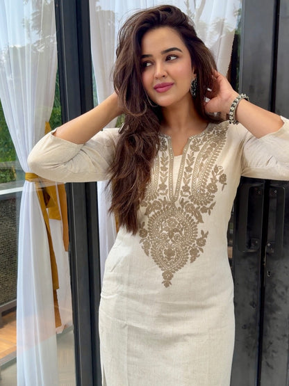 Off White Embroidered Cotton Flex Kurta and Pant Set