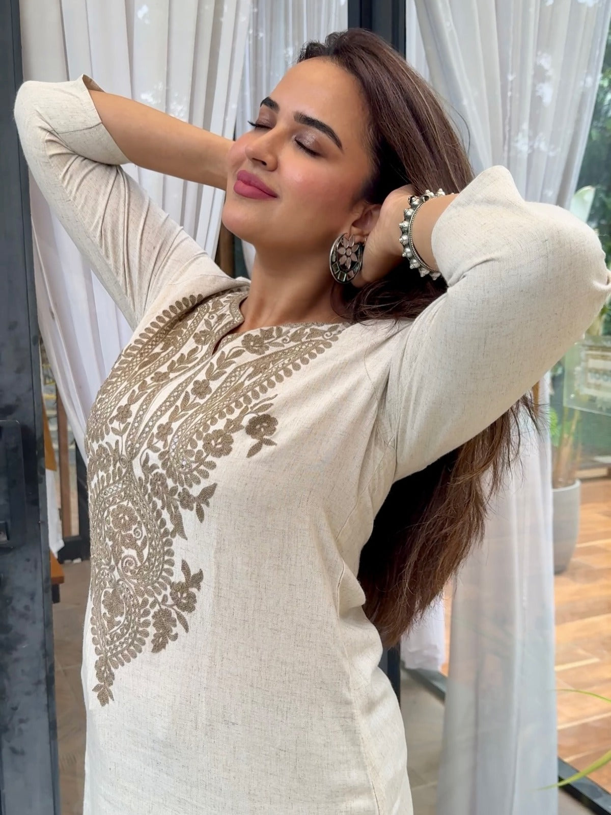 Off White Embroidered Cotton Flex Kurta and Pant Set