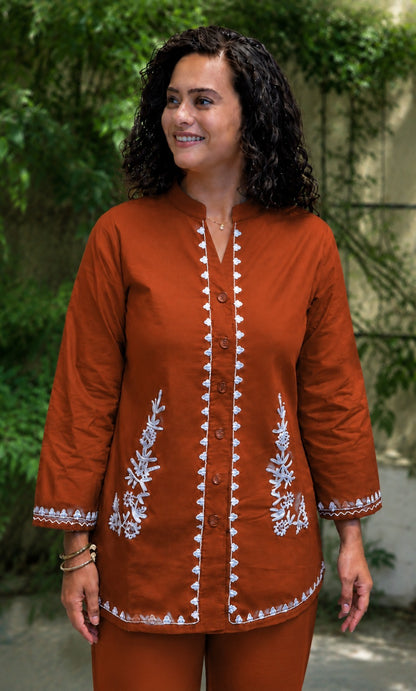 Rust Orange Embroidered Cotton Slub Co-Ord Set