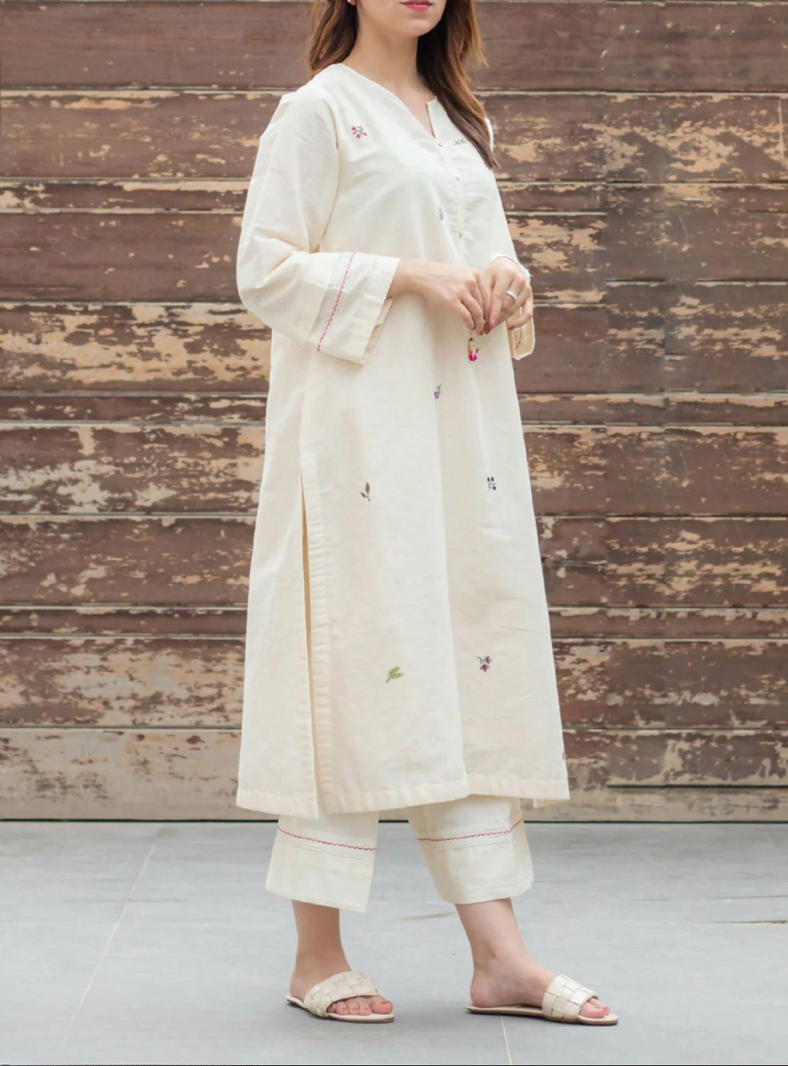 Off White Embroidered Cotton Kurta and Pant Set