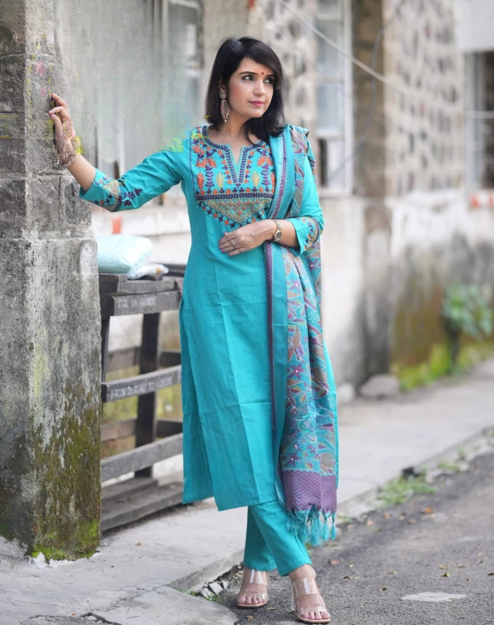 Sky Blue Embroidered Cotton Flex Kurta and Pant Set with Dupatta