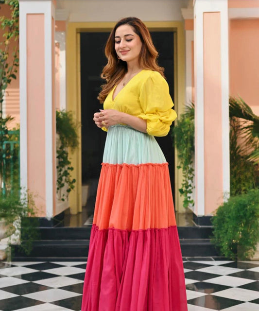 Yellow Orange Multicolored Embellished Rayon Anarkali Gown