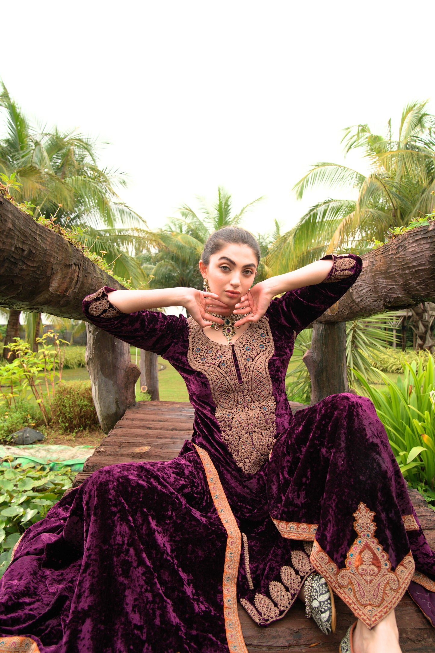 purple velvet pakistani dress Dark Purple Velvet Kameez and Palazo With Tissue Border Dupatta Indian Pakistani Eid Collection Party Wear Wedding Kurta Set