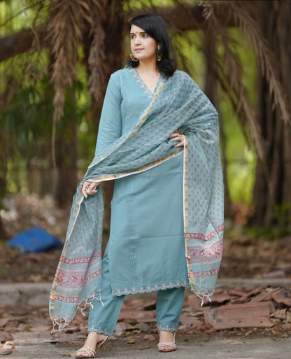 Slate Blue Embroidered Cotton Kurta and Pant Set with Dupatta