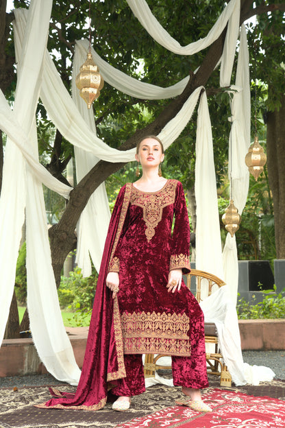 Maroon Designer Velvet Pakistani Suit Set