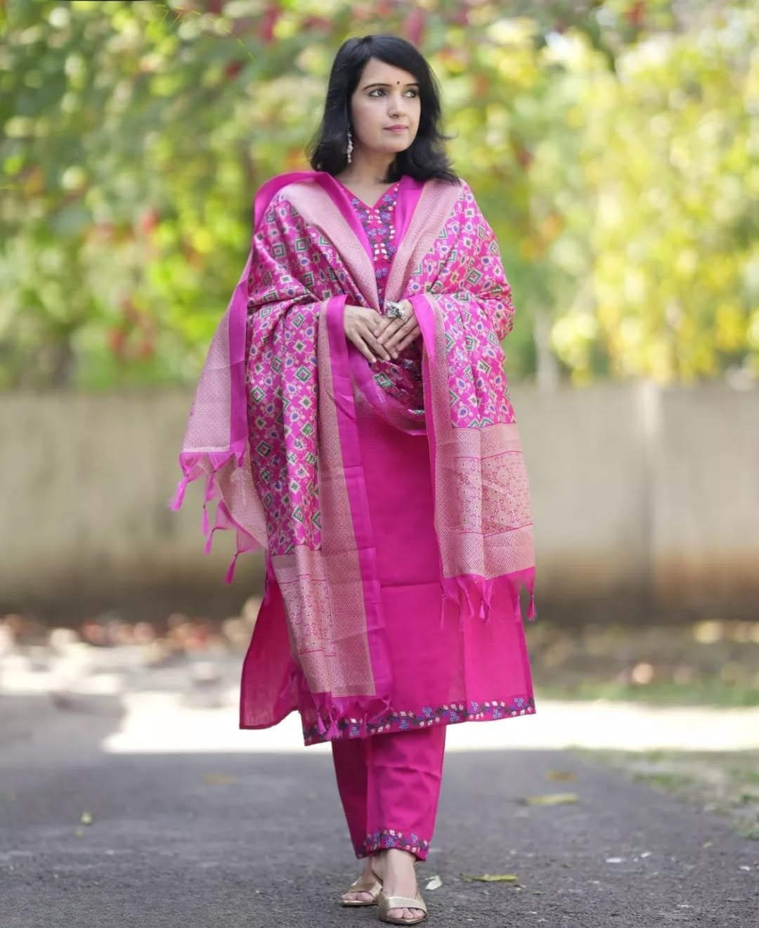 Pink Embroidered Cotton Kurta and Pant Set with Dupatta