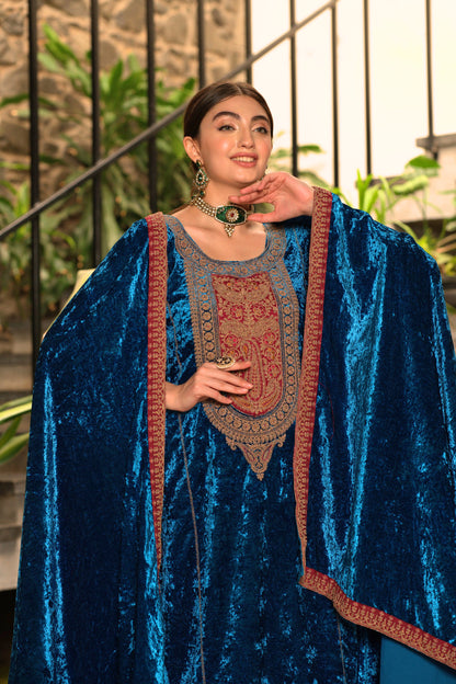 Blue Designer Velvet Pakistani Suit Set